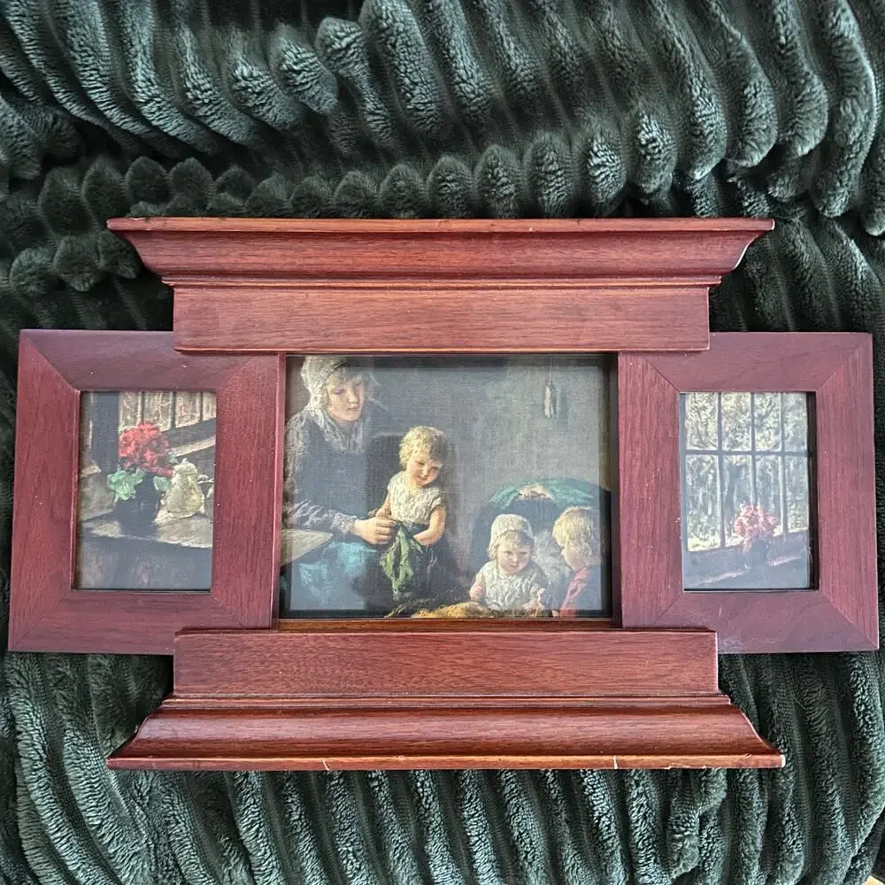 Vintage Wooden Picture Frame 3 Photos  Standing Mother Children Moody Artwork